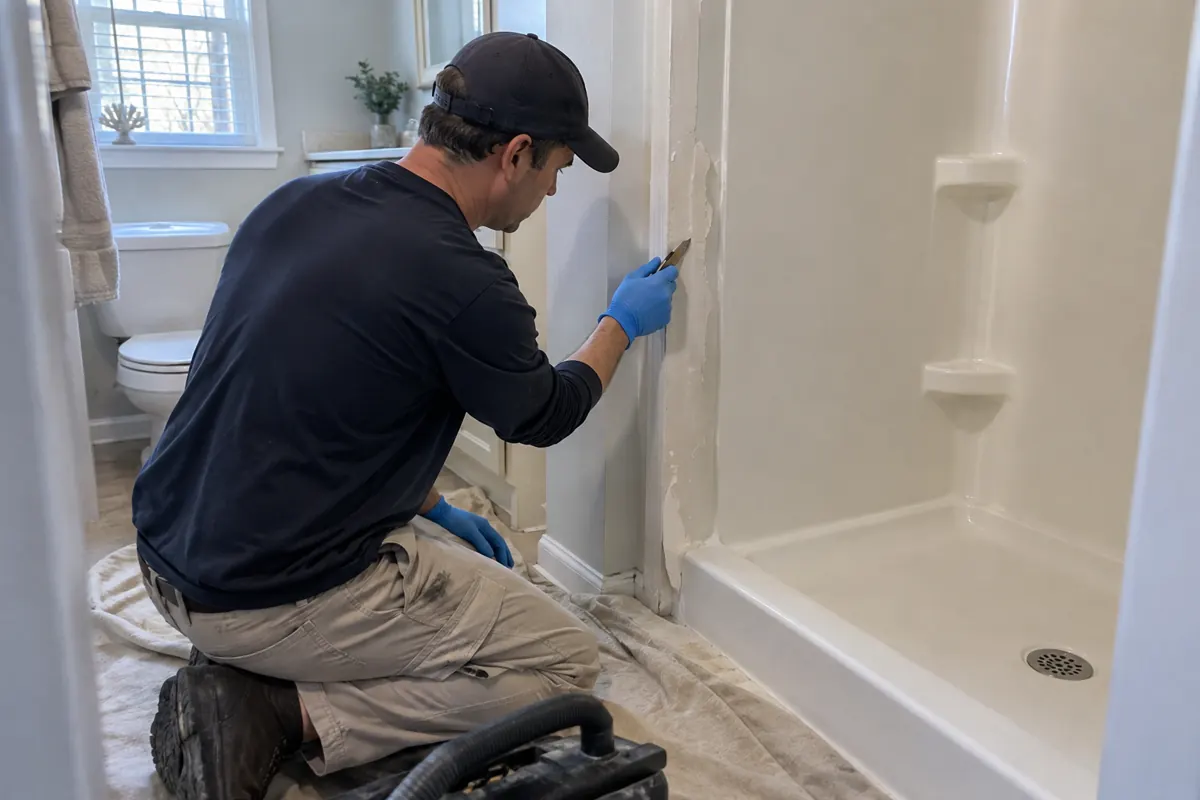 Technician inspects peeling fiberglass on a shower wall for deeper damage