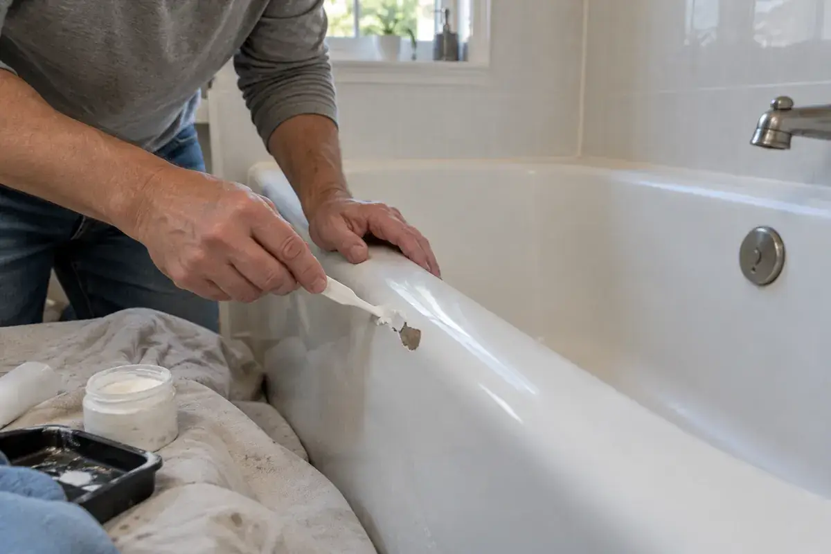 How to repair small bathtub chip informational scene showing compound applied to enamel