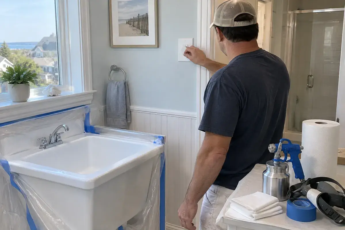 Homeowner operates ventilation beside a kitchen sink refinishing work area