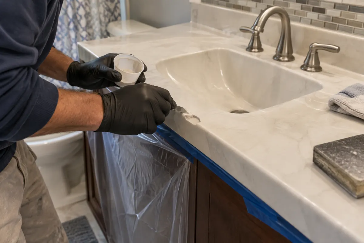 Technician performs vanity top repair on a chipped cultured marble bathroom counter